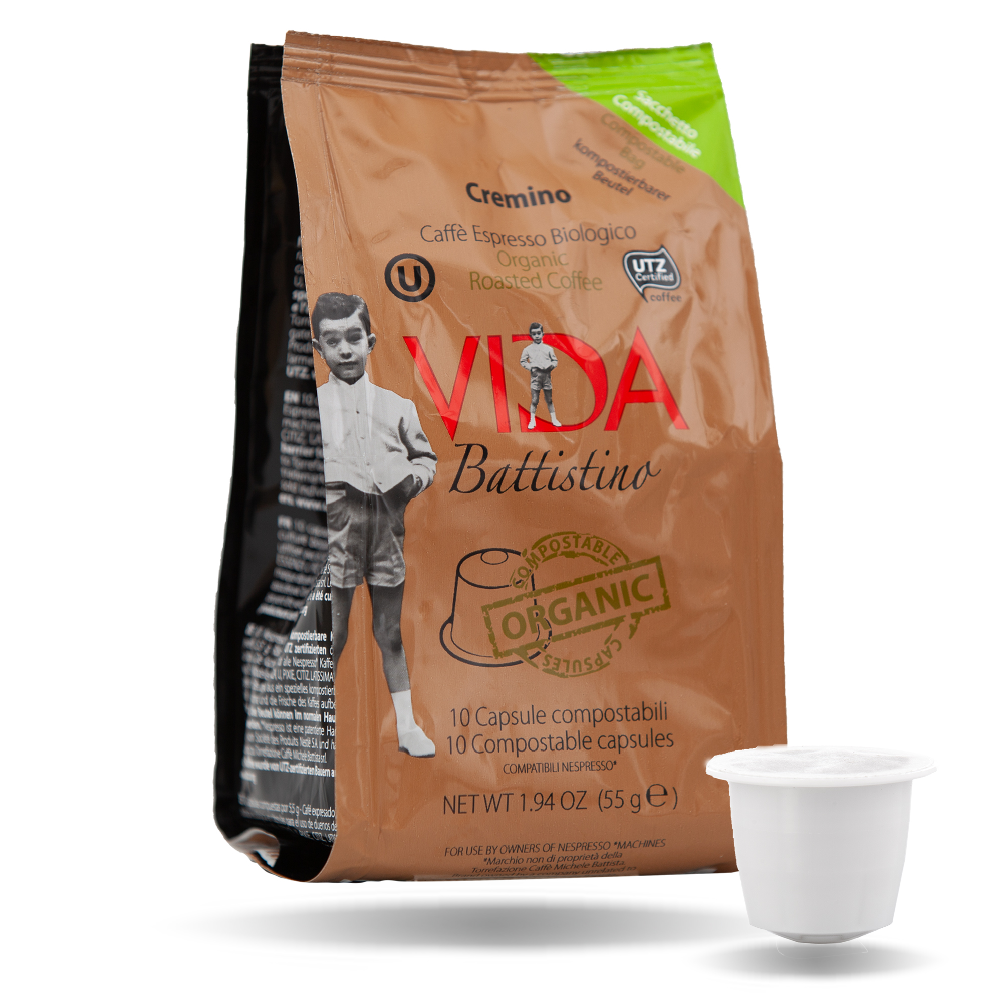 VIDA BATTISTINO CREMINO - 100 capsule compatibili Nespresso* COMPOSTABILI,  caffè BIOLOGICO e UTZ (VIDA, 100)